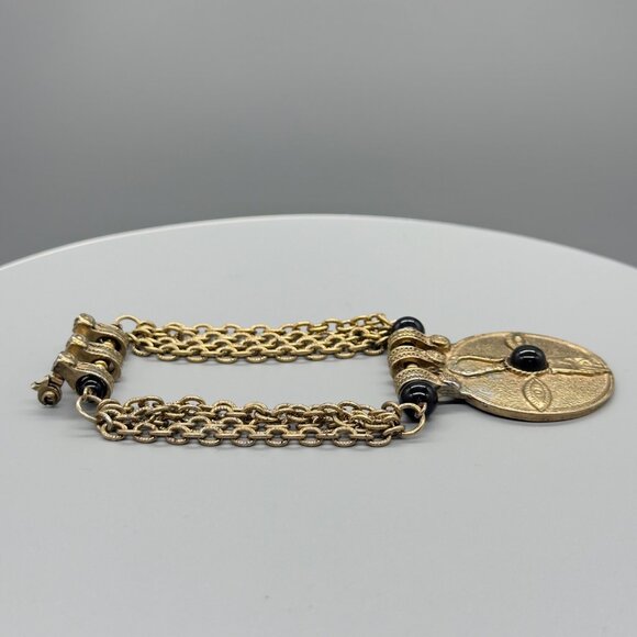 Vintage Egyptian Revival Gold Tone Chain Statement Brooch Pin Black Cabochons - Picture 12 of 14